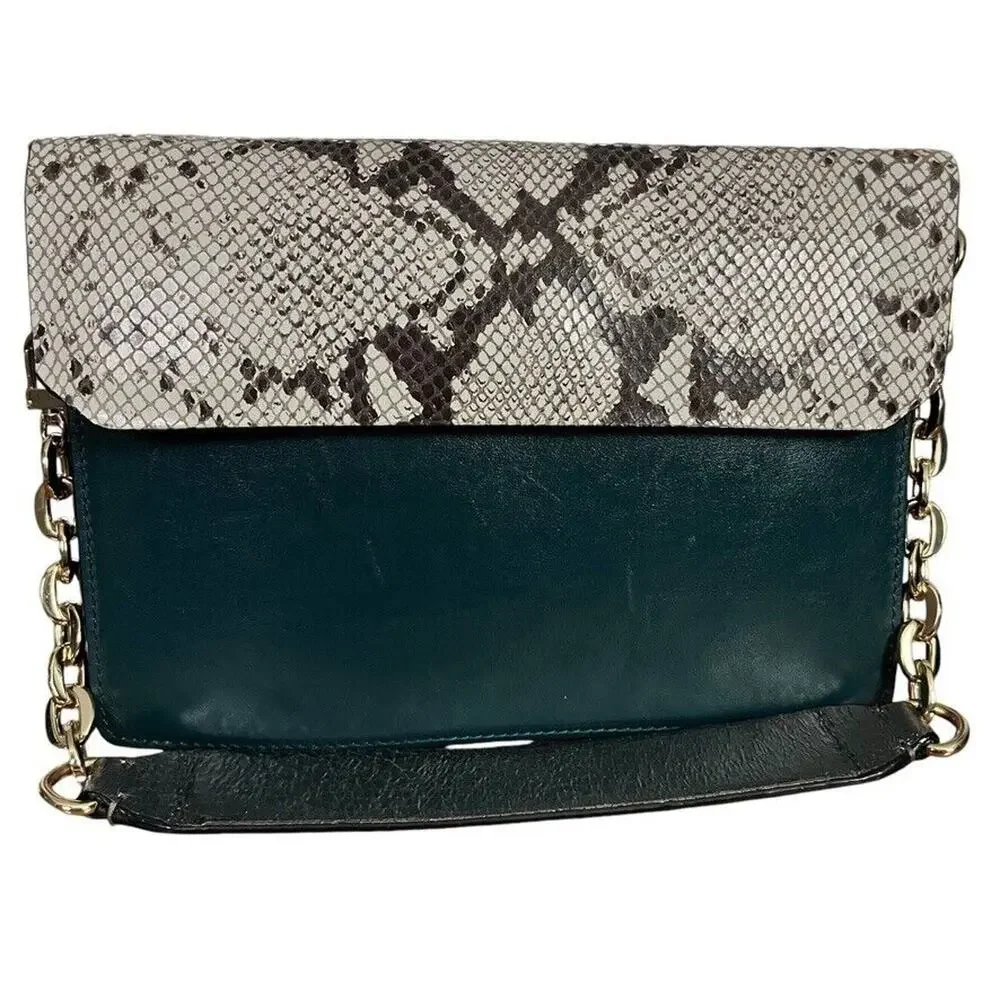 Trina Turk Womens Leather Handbag Teal Snakeskin Purse Flap Pocket Silver Gold